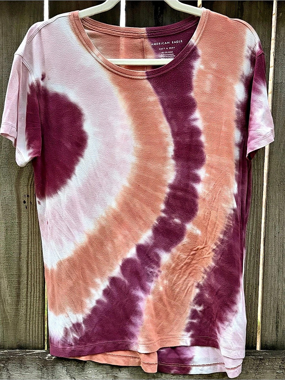 American Eagle Soft & Sexy XS Tie-Dye Tee Burgundy Peach Pink